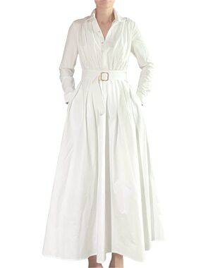 NWT✨ | Nooyius | White Classic Collared Long Sleeve Pleated Maxi Dress with Belt